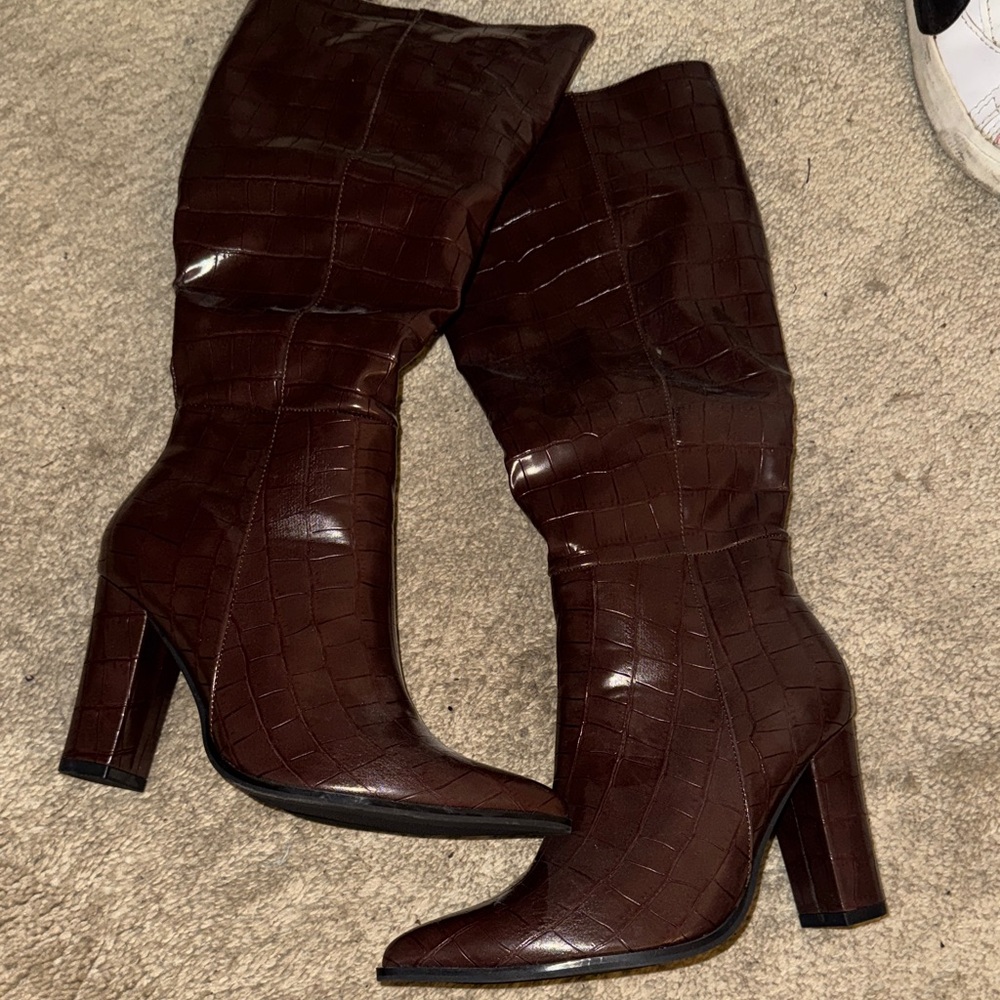 Brown Croc-Embossed Knee-High Boots